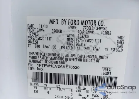 2010 Ford F-150 Fx4/Harley-Davidson/King Ranch/Lariat/Platinum/Xl/Xlt from USA, damaged, VIN 1FTFW1EV2AKE76520